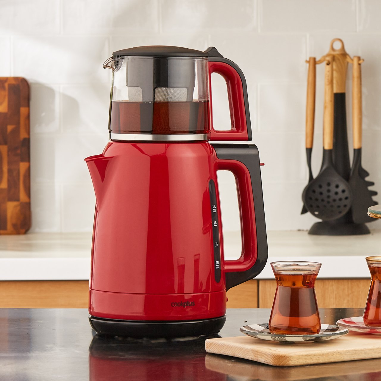 Cookplus 1501 Enerji Tasarruflu Kettle Çay Makinesi Retro Kırmızı