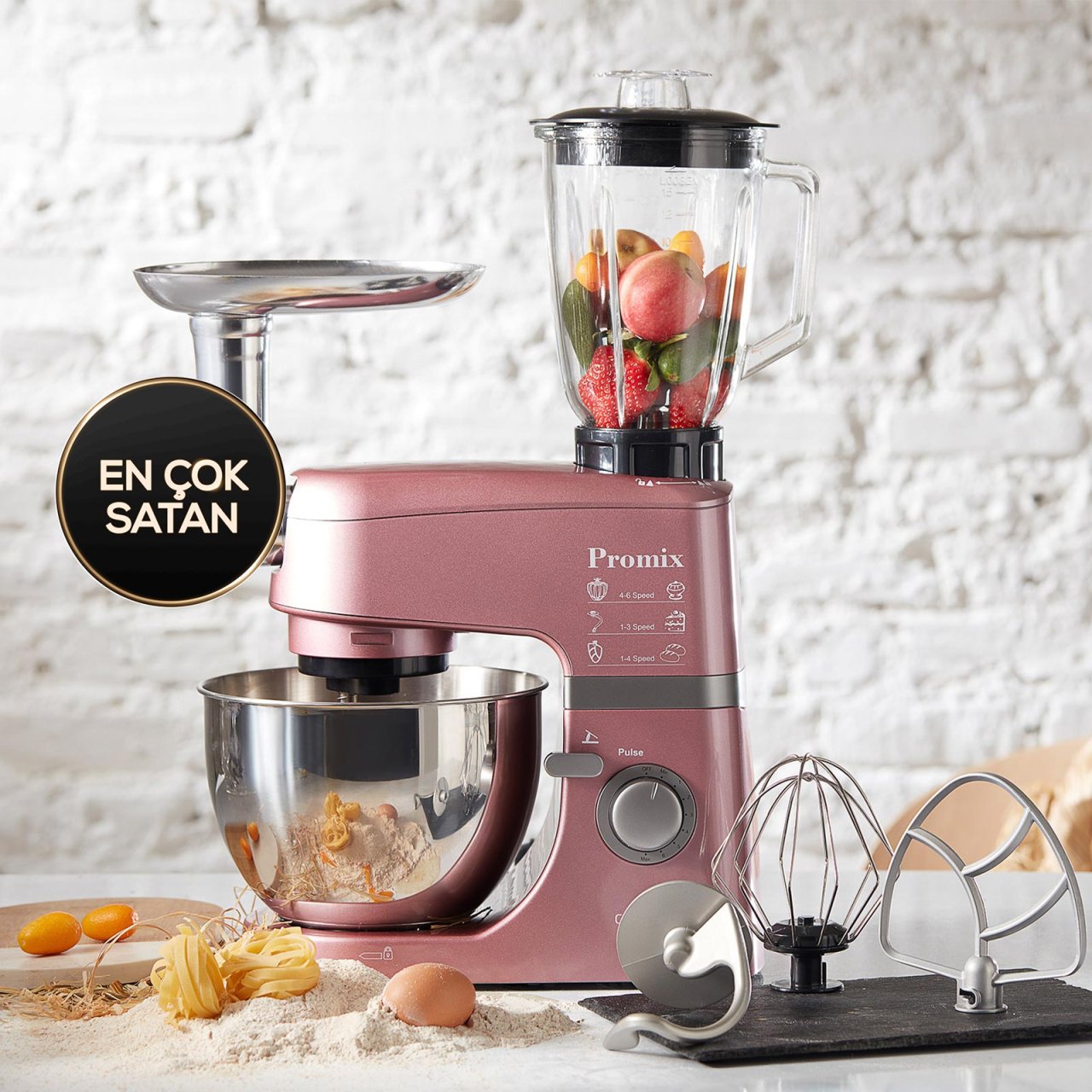 Cookplus Promix Ef802 Stand Mikser 1000W Mutfak Şefi, Et Kıyma Makinesi ve Smoothie Blender Pink