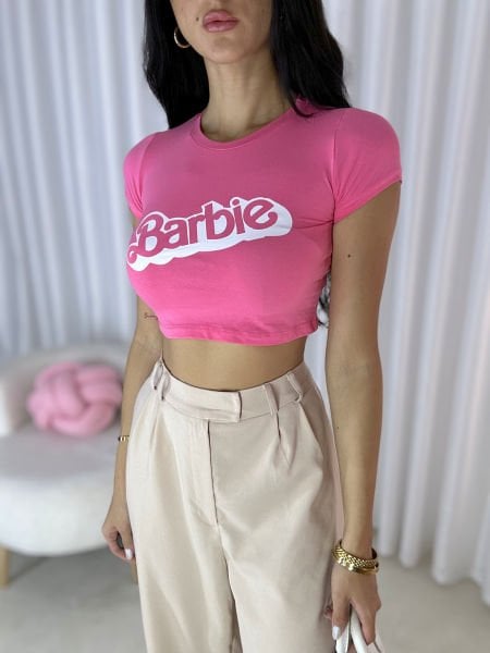 Kadın Barbie Yazı Baskılı Yarım Kol Crop Pembe