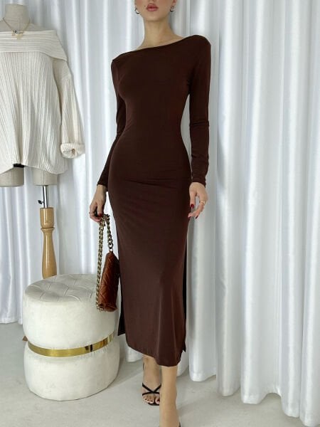 Kadın Sandy Sırt Çapraz Model Çift Yırtmaçlı Maxi Elbise Kahve