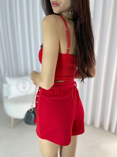 Kadın Atlas Kumaşlı Zr Model Kemerli Şort Etek Kırmızı