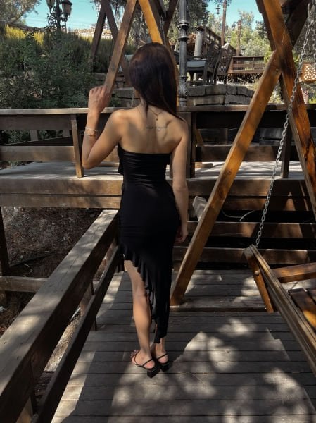 Kadın Maria Fırfır Kumaşlı Straplez Elbise Siyah
