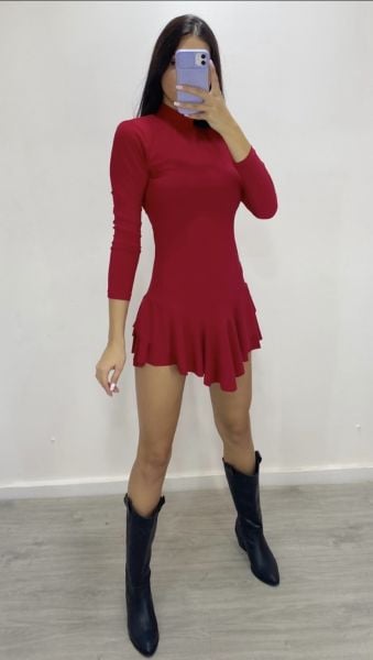 Kadın volanlı etek elbise kırmızı