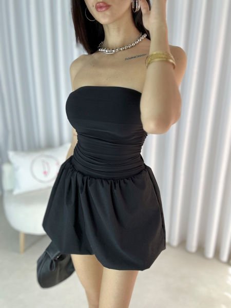 Kadın Benedi Marka Model Balon Etekli Straplez Elbise Siyah
