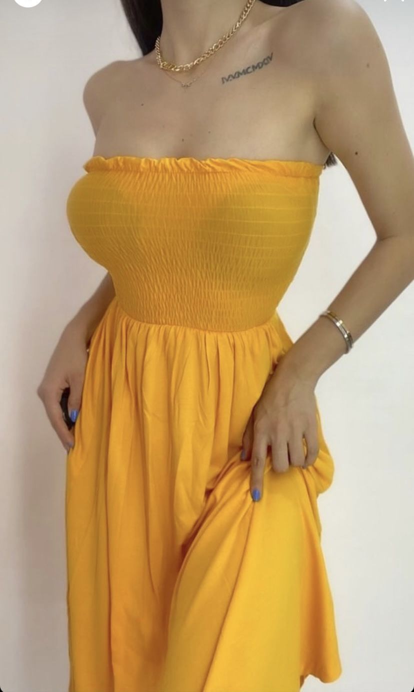 Kadın fırfır detaylı straplez elbise sarı