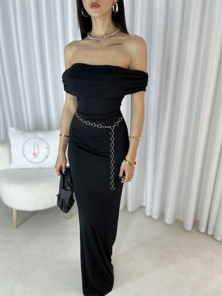 Kadın Marka Model Astarlı Madonna Yaka Maxi Elbise Siyah