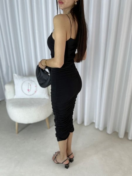 Kadın Astarlı Lastik Askı Drapeli Elbise Uzun Siyah