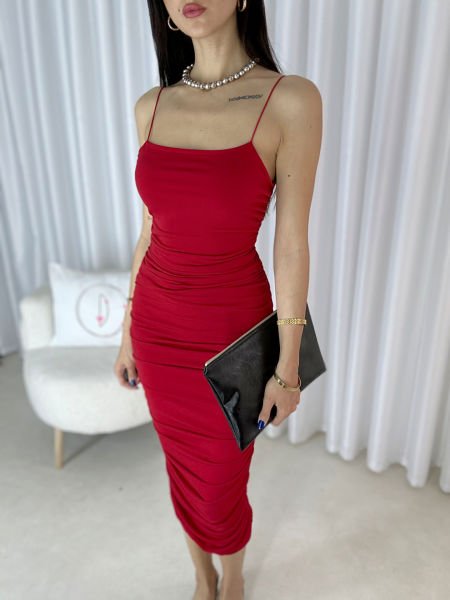 Kadın Astarlı Lastik Askı Drapeli Elbise Uzun Kırmızı