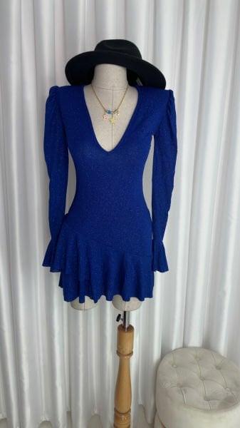 Kadın simli volanlı elbise mavi
