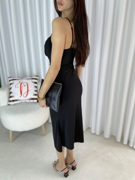 Kadın Jarel Askıları Ayarlanabilir Oysh Kumaş Dekolte Yaka Uzun Elbise Siyah