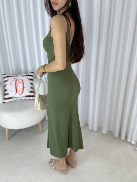 Kadın Çelik Kumaşlı Askılı Yırtmaçlı Elbise Uzun Yeşil