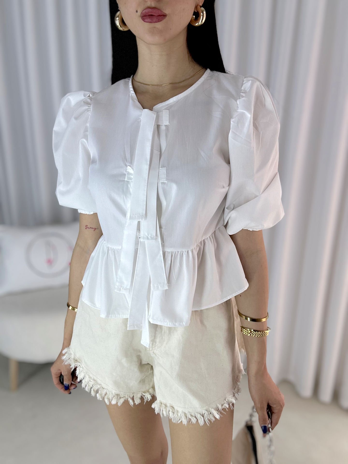 Kadın Yona Önü Bağlamalı Pinterest Model Poplin Gömlek Beyaz