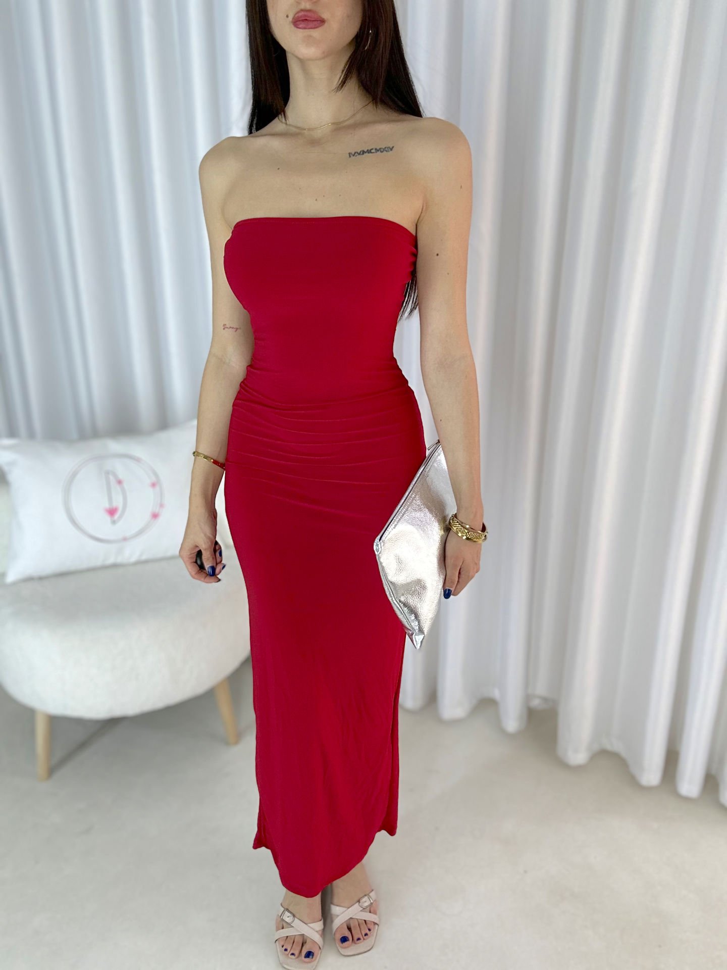 Kadın Straplez Arkası Yırtmaçlı Maxi Elbise Kırmızı