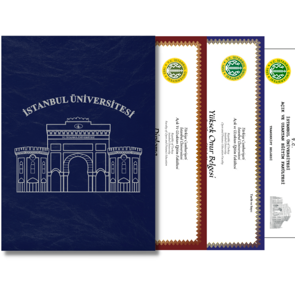 Mavi Deri Diploma Dosyası Diploma ve Onur Belgesi Baskısı Gümüş Yaldızlı Özel Tasarım