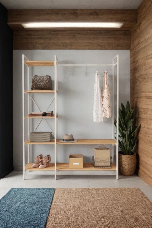 Nilamu Elbise Dolabı | Metal Gövdeli Açık Askılık & Organizer Dolap 130×170×34 Cm