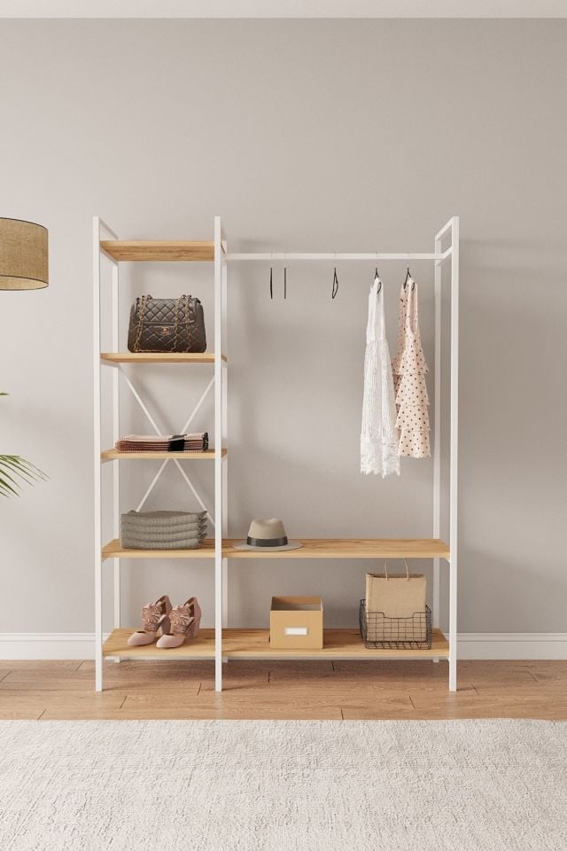 Nilamu Elbise Dolabı | Metal Gövdeli Açık Askılık & Organizer Dolap 130×170×34 Cm