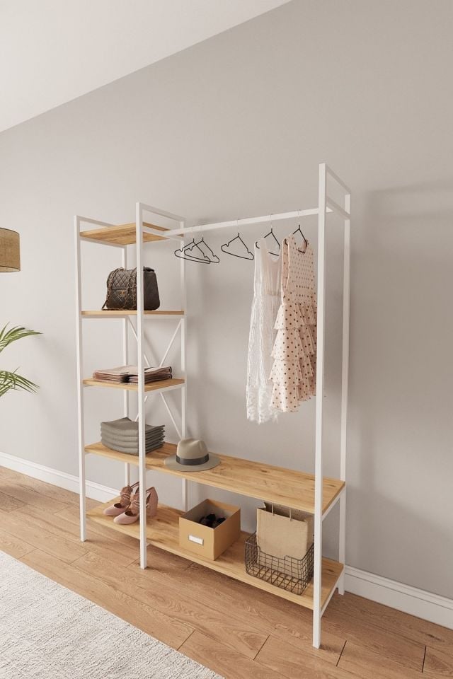 Nilamu Elbise Dolabı | Metal Gövdeli Açık Askılık & Organizer Dolap 130×170×34 Cm