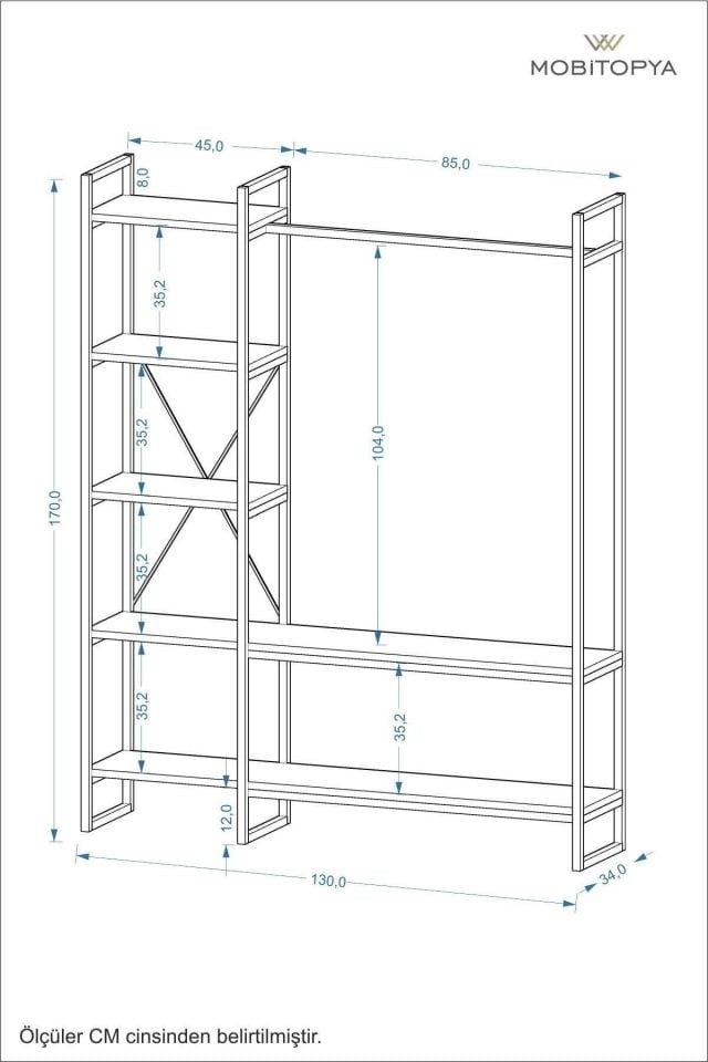 Nilamu Elbise Dolabı | Metal Gövdeli Açık Askılık & Organizer Dolap 130×170×34 Cm