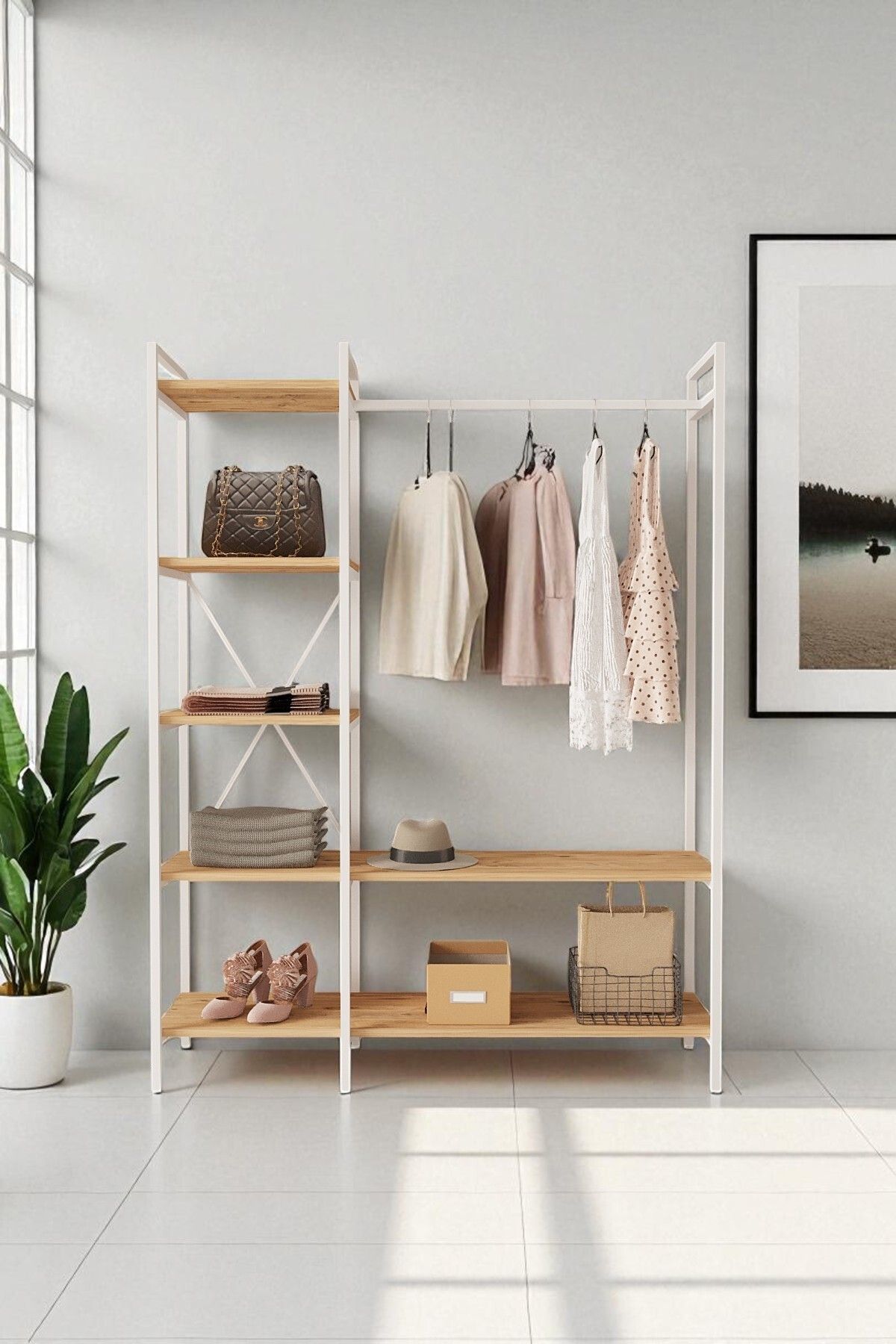 Nilamu Elbise Dolabı | Metal Gövdeli Açık Askılık & Organizer Dolap 130×170×34 Cm