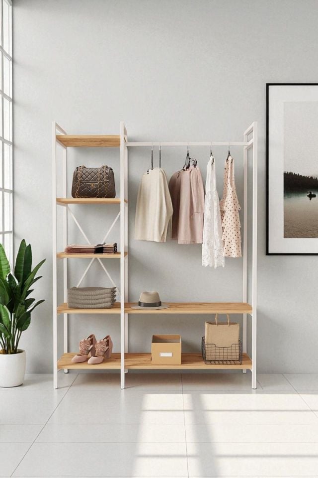 Nilamu Elbise Dolabı | Metal Gövdeli Açık Askılık & Organizer Dolap 130×170×34 Cm