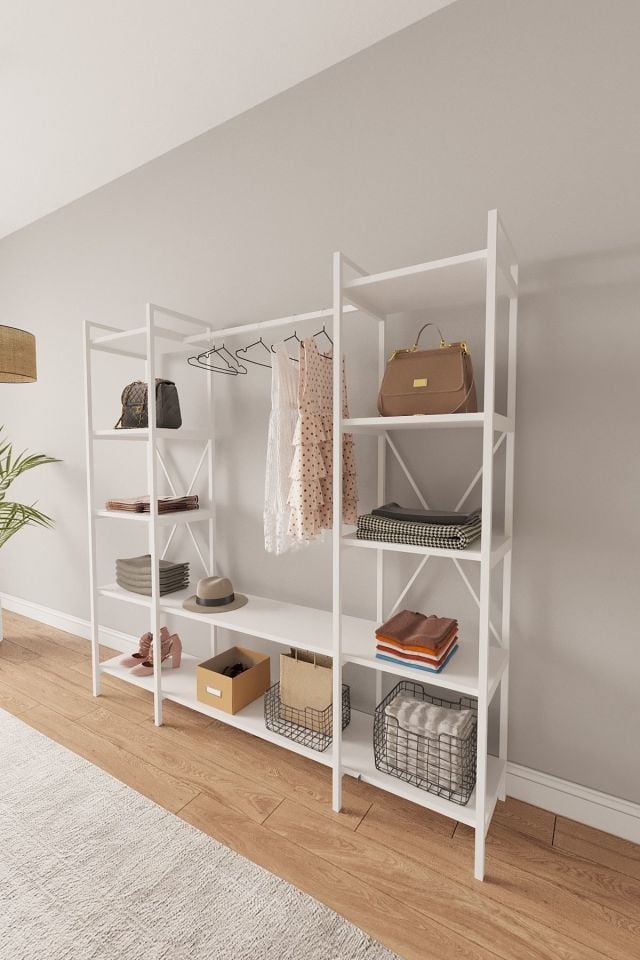 Nilamu Elbise Dolabı | Metal Gövdeli Açık Askılık & Organizer Dolap 175x170x34 Cm