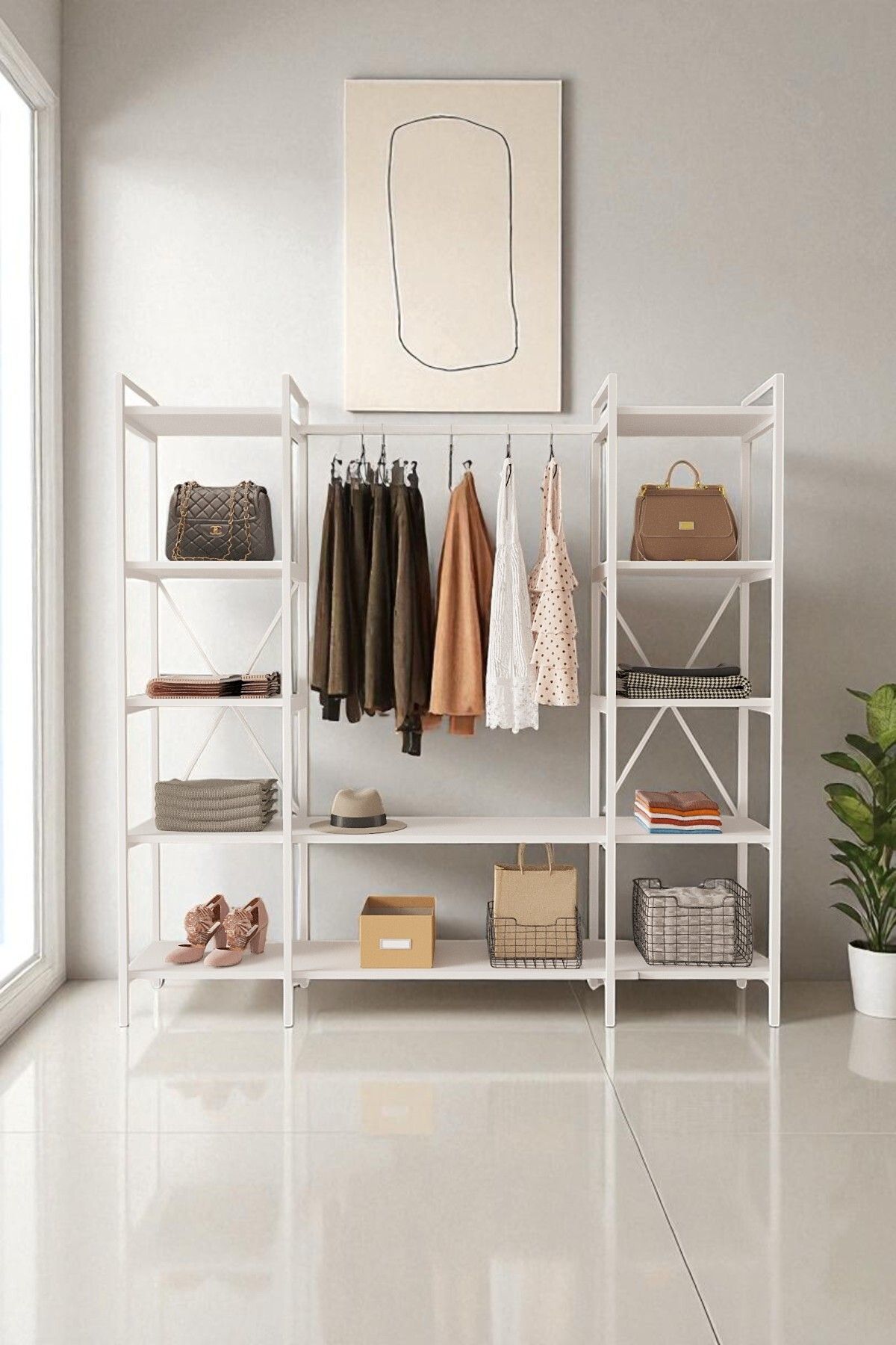 Nilamu Elbise Dolabı | Metal Gövdeli Açık Askılık & Organizer Dolap 175x170x34 Cm
