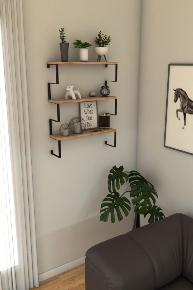 3 Katlı Metal Ayaklı Duvar Rafı | Kitaplık, Saksılık ve Dekoratif Raf 60x70x15 cm