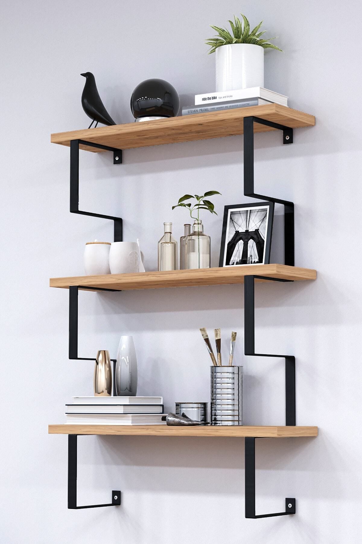 3 Katlı Metal Ayaklı Duvar Rafı | Kitaplık, Saksılık ve Dekoratif Raf 60x70x15 cm