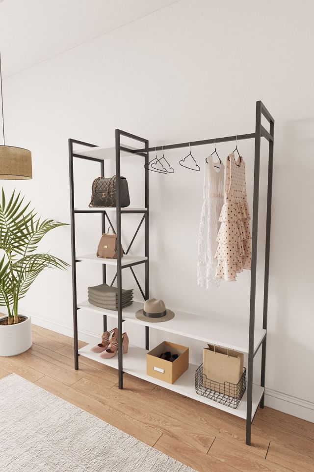Nilamu  Elbise Dolabı | Metal Gövdeli Açık Askılık & Organizer Dolap 130×170×34 Cm