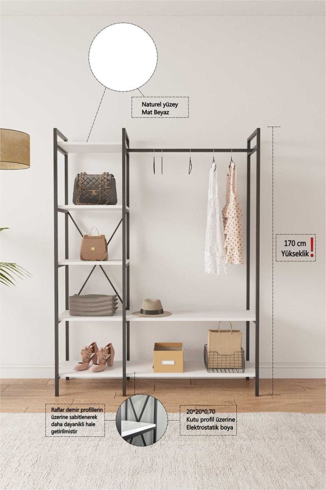 Nilamu  Elbise Dolabı | Metal Gövdeli Açık Askılık & Organizer Dolap 130×170×34 Cm
