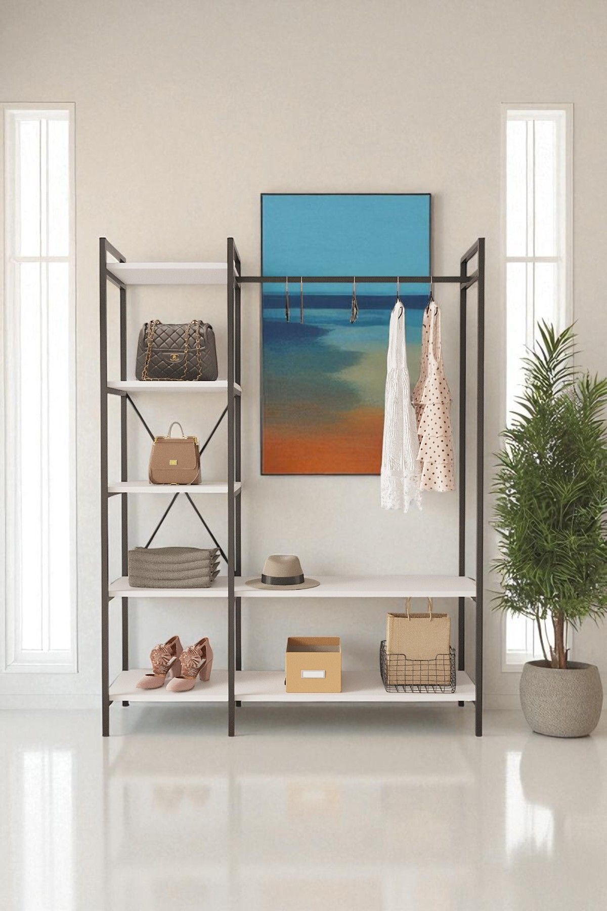 Nilamu  Elbise Dolabı | Metal Gövdeli Açık Askılık & Organizer Dolap 130×170×34 Cm