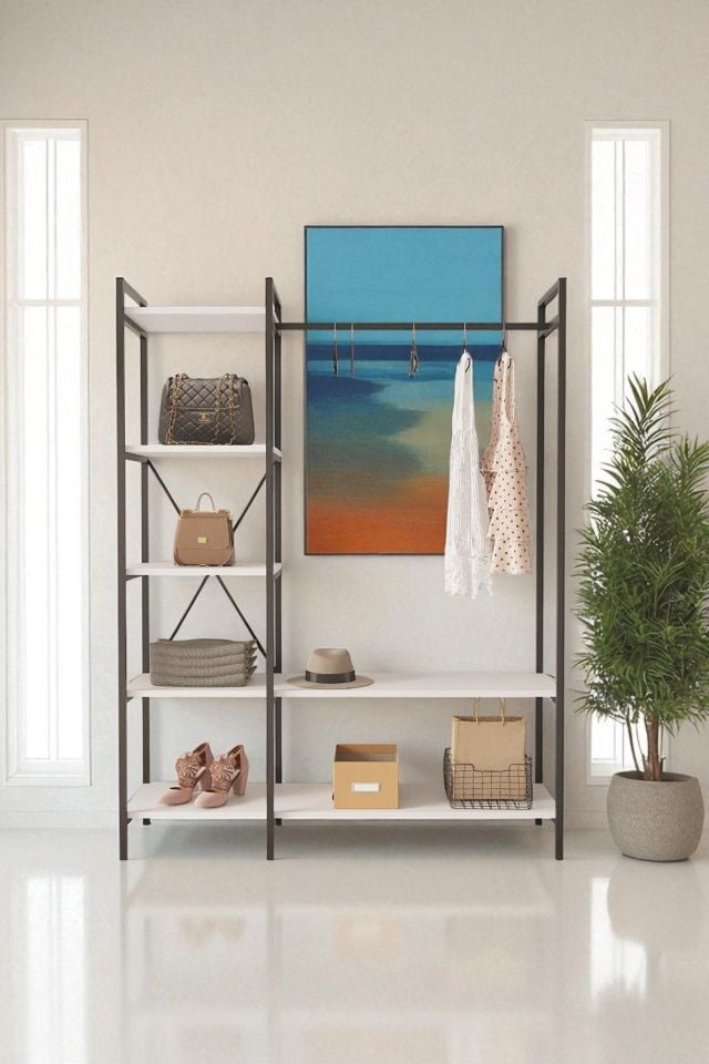 Nilamu  Elbise Dolabı | Metal Gövdeli Açık Askılık & Organizer Dolap 130×170×34 Cm