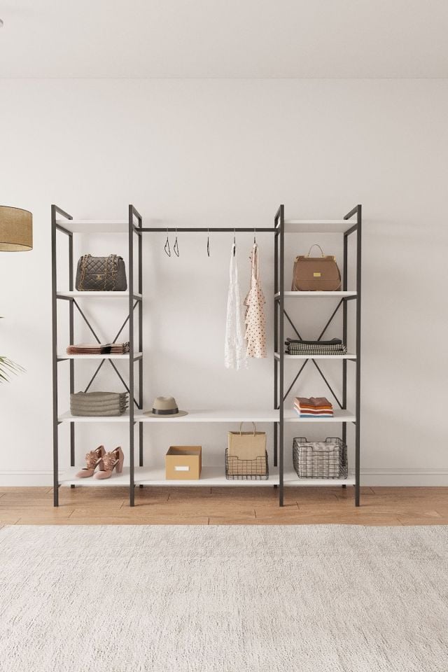 Nilamu Elbise Dolabı | Metal Gövdeli Açık Askılık & Organizer Dolap 175x170x34 Cm