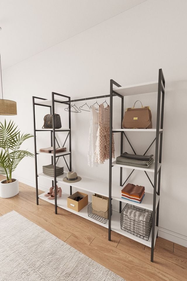 Nilamu Elbise Dolabı | Metal Gövdeli Açık Askılık & Organizer Dolap 175x170x34 Cm