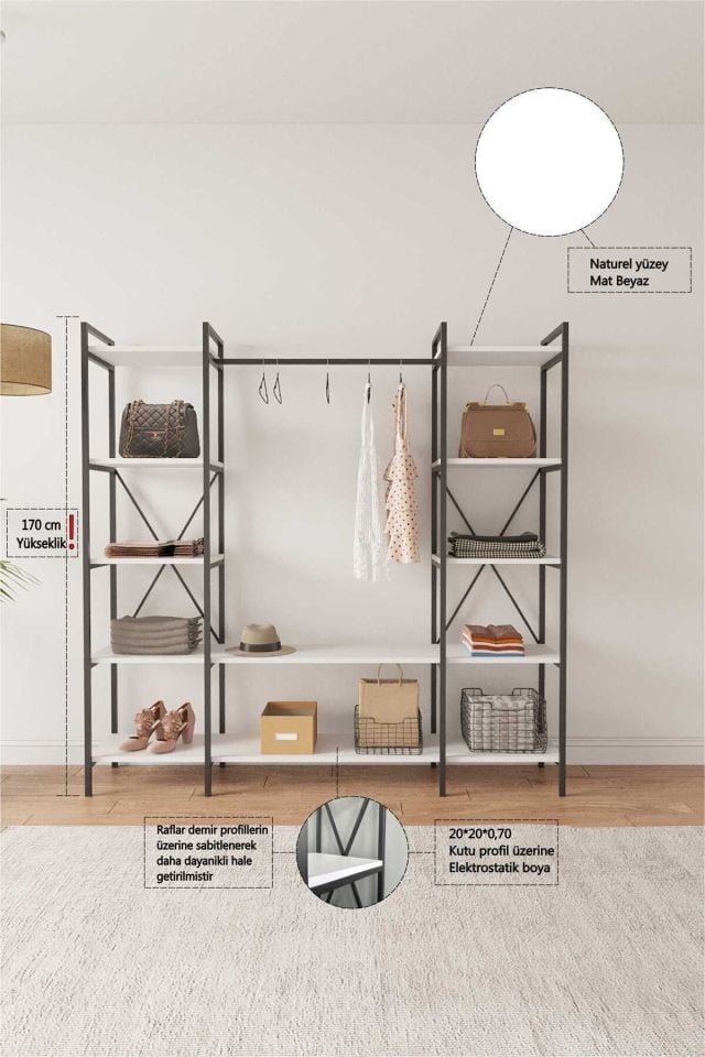Nilamu Elbise Dolabı | Metal Gövdeli Açık Askılık & Organizer Dolap 175x170x34 Cm