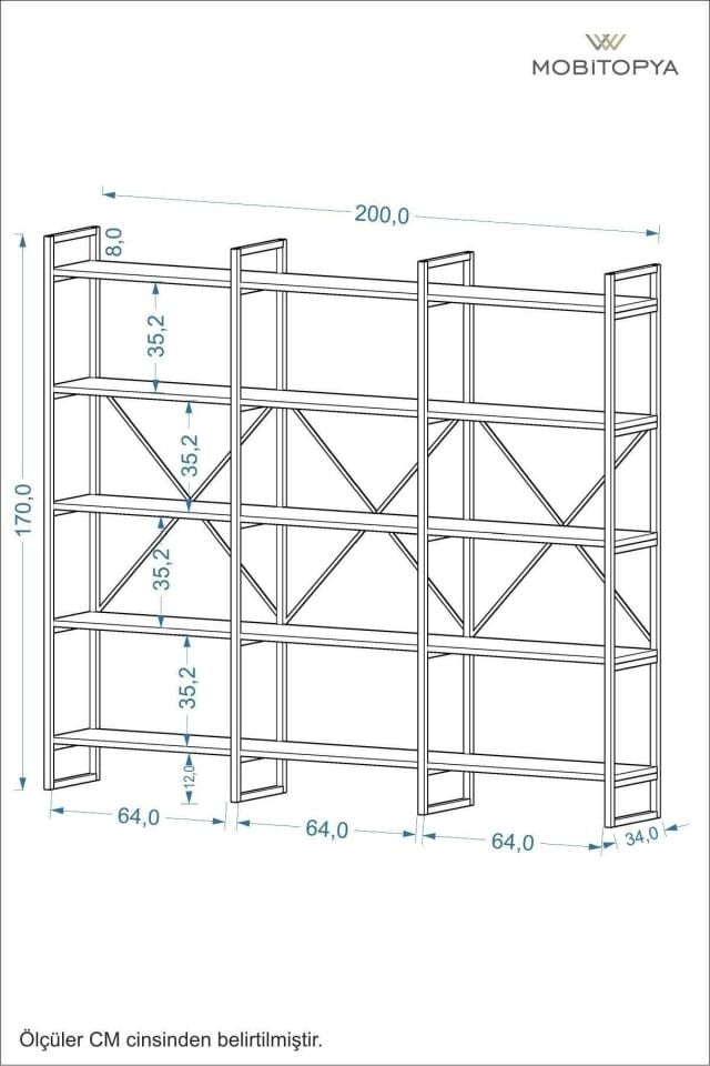 Nilamu 200 Cm Kitaplık | Metal Gövde. Açık Raflı Organizer Ve Düzenleyici