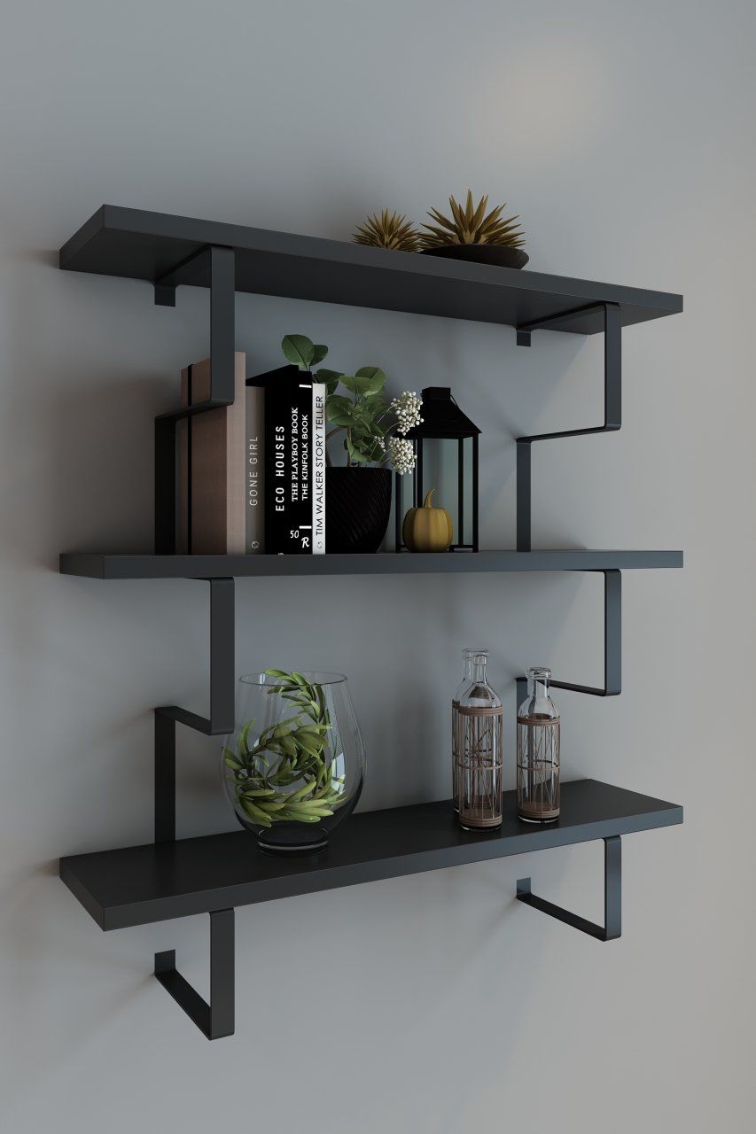 Metal Ayaklı Duvar Rafı, 3 Katlı Duvar Rafı, Kitaplık, Saksılık, Banyo, Mutfak, Salon, TV Antrasit