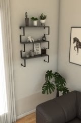 Metal Ayaklı Duvar Rafı, 3 Katlı Duvar Rafı, Kitaplık, Saksılık, Banyo, Mutfak, Salon, TV Antrasit