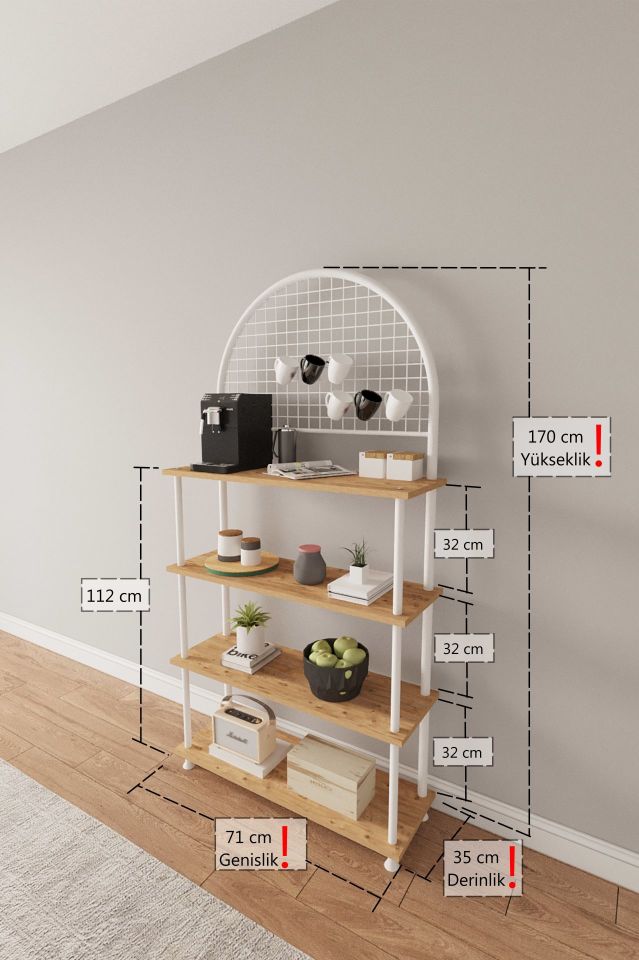 Çevir Kur 4 Raflı Kahve Köşesi Dolabı, Mutfak Standı, Mutfak Düzenleyici 71*170*35 Cm