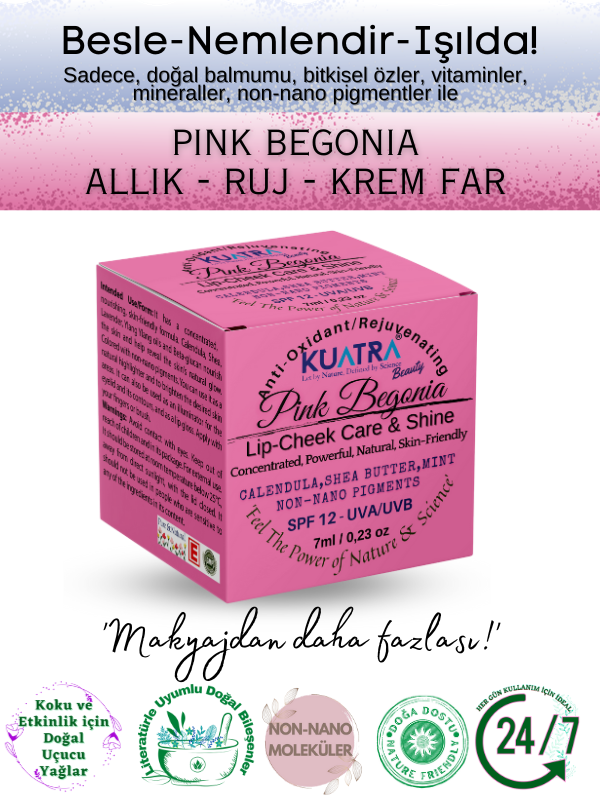 Kuatra Pink Begonia Doğal İçerikli Nemlendirici - Antioksidan Işıltı Veren Balm (Ruj - Allık - Göz Farı) 7ml