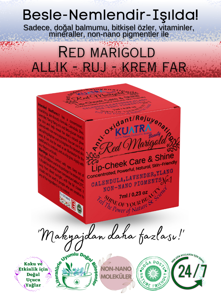 Kuatra Red Marigold Doğal İçerikli Nemlendirici - Antioksidan Işıltı Veren Balm (Ruj - Allık - Göz Farı) 7ml