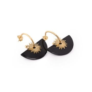 Jiji Gold Siyah Doğal Taşlı Altın Kaplama Çelik Kadın Küpe