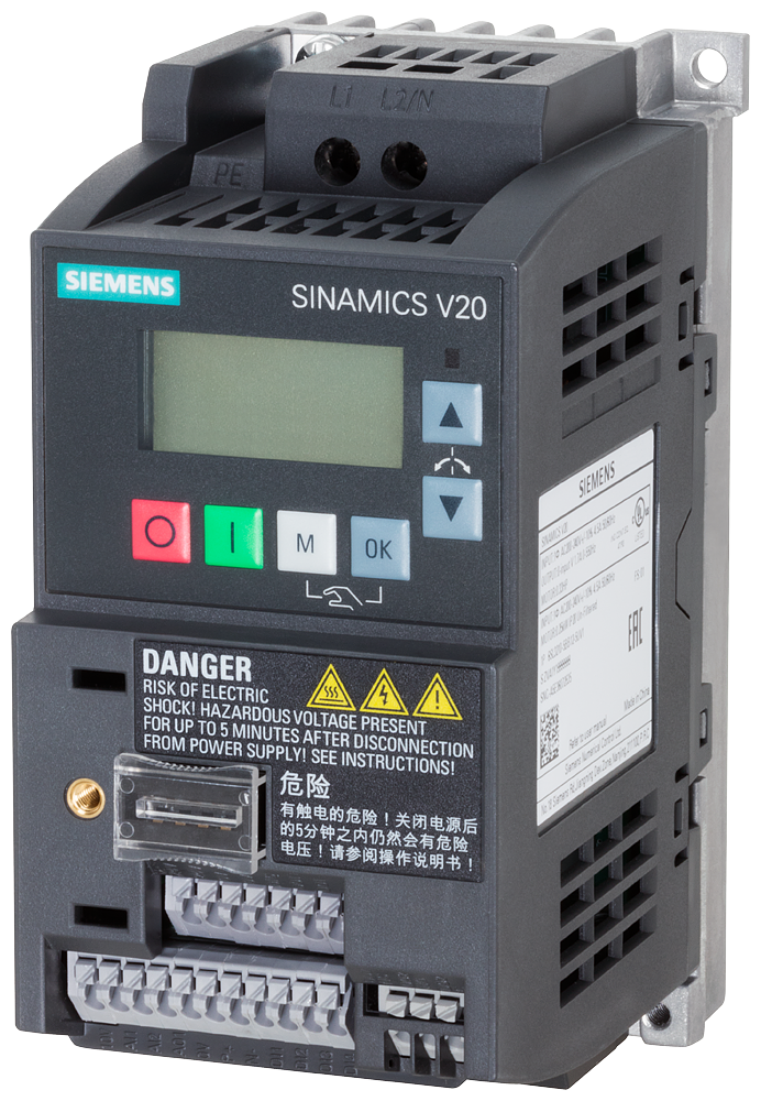 SİEMENS - 6SL3210-5BB12-5UV1 - SINAMICS V20 200-240V 1AC -10/+10% 47-63Hz rated power 0.25 kW with 150% overload for 60 sec. unfiltered I/O: 4 DI, 2 DO,2 AI, 1 AQ fieldbus: USS/MODBUS RTU