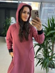 Dr 8087 Bordo Kapüşonlu Sweat Elbise