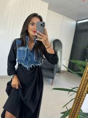 Dr 8079 Bel Büzgülü Denim Detaylı Elbise