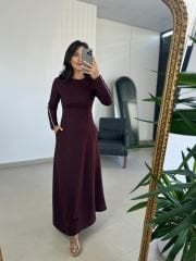 Ms Şerit Geçişli Maxi Boy Bordo Elbise