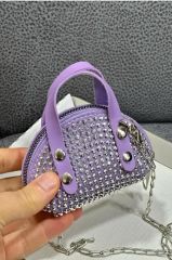 lila(açık) Süet Kumaş, Tek Bölmeli, Zincir Askılı,Fermuarlı, Taşlı, Mini El Ve Omuz Çantası 10 cm