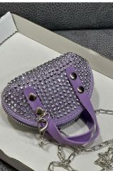 lila(açık) Süet Kumaş, Tek Bölmeli, Zincir Askılı,Fermuarlı, Taşlı, Mini El Ve Omuz Çantası 10 cm