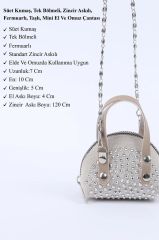 lila(açık) Süet Kumaş, Tek Bölmeli, Zincir Askılı,Fermuarlı, Taşlı, Mini El Ve Omuz Çantası 10 cm
