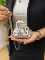 lila(açık) Süet Kumaş, Tek Bölmeli, Zincir Askılı,Fermuarlı, Taşlı, Mini El Ve Omuz Çantası 10 cm